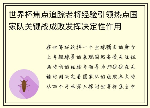 世界杯焦点追踪老将经验引领热点国家队关键战成败发挥决定性作用 世界杯焦点追踪老将经验引领热点国家队关键战成败发挥决定性作用
